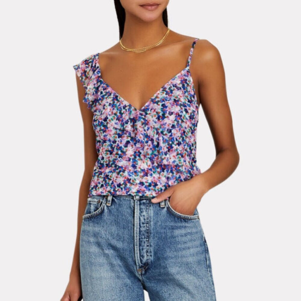 Veronica Beard 'Nea' Floral-Print Ruffled Silk Top, Violet Multi